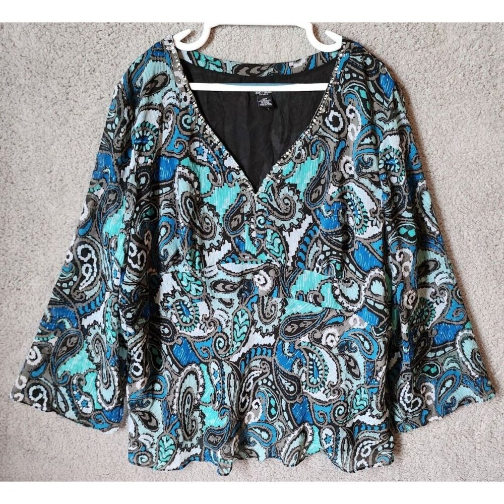 Bob Mackie Studio Women's Long Sleeve Beaded V Neck Blouse Top Blue Paisley 26W